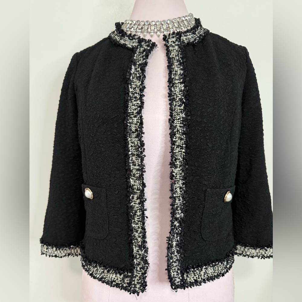 Joseph Ribkkoff Elegant Black Tweed Jacket white & black trim size 8